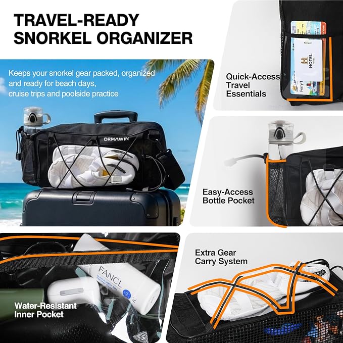 DRMAWIN Snorkeling Gear for Adults & Kids, Dry-Top Snorkel Set with 180ยฐ Tempered Glass Mask, Anti-Fog Anti-Leak, Travel Mesh Gear Bag