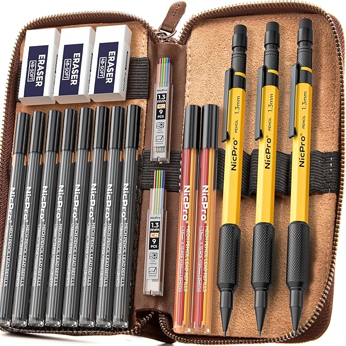 Nicpro 21PCS 1.3 mm Mechanical Pencil Set in Leather Bag with 138 Lead Refill, Eraser, Eraser Refills - Weatherproof Metal Barrel, Heavy Duty Carpenter Pencil for Outdoor Marking Drawing Woodworking