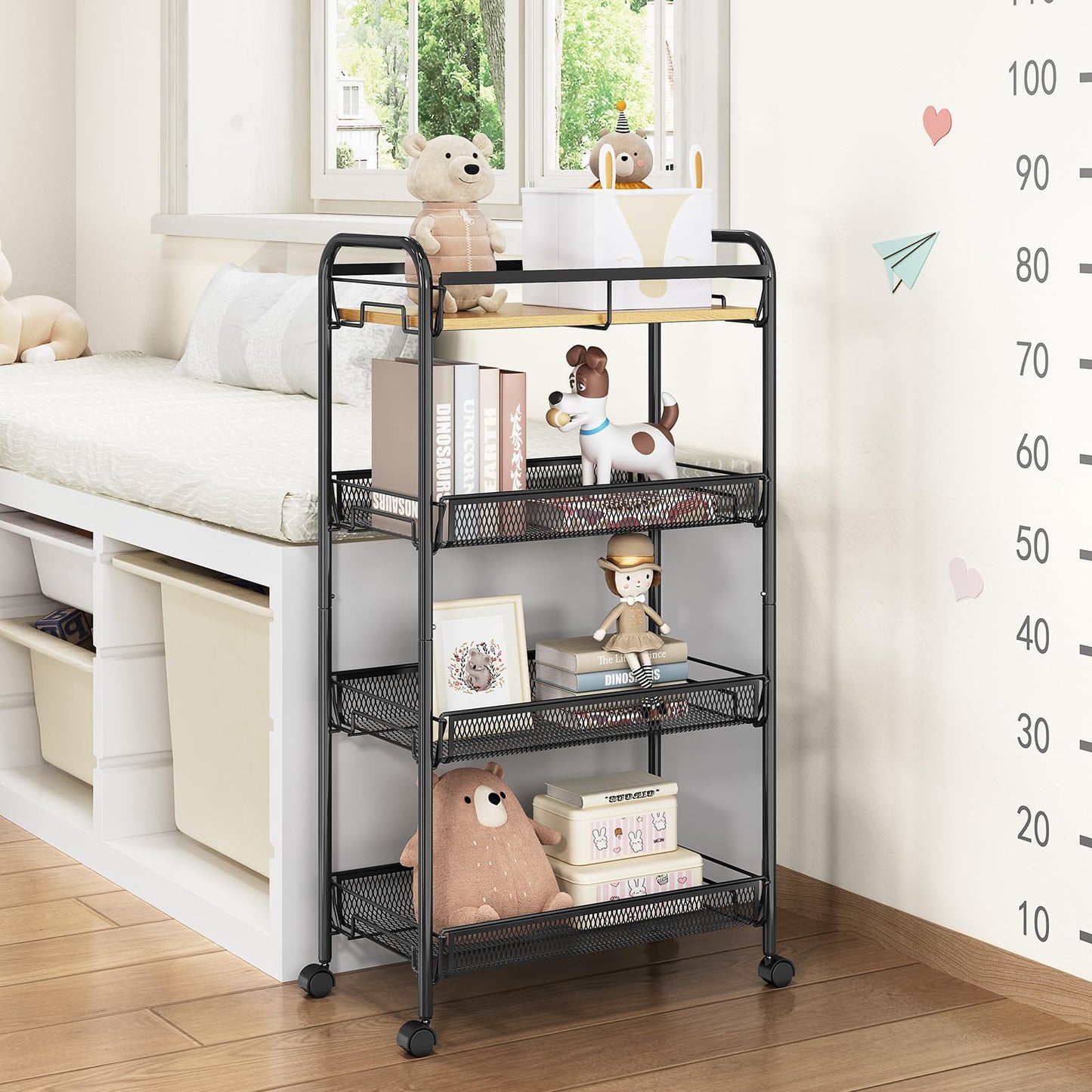 TOOLF 4-Tier Rolling Cart, Metal Utility Cart, Slide Out Storage Cart with Wooden Tabletop and Mesh Baskets, Easy Assemble Trolley for Kitchen Bathroom Laundry Room Bedroom Apartments Dormitory