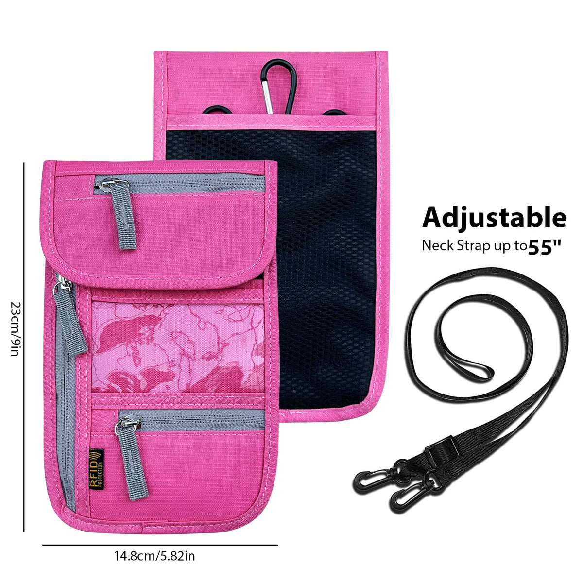 Travel Neck Wallet, RFID Blocking Passport Holder with Adjustable Neck Strap for Men and Women to Keep Cash, Credit Cards and Travel Documents Safe - Rose