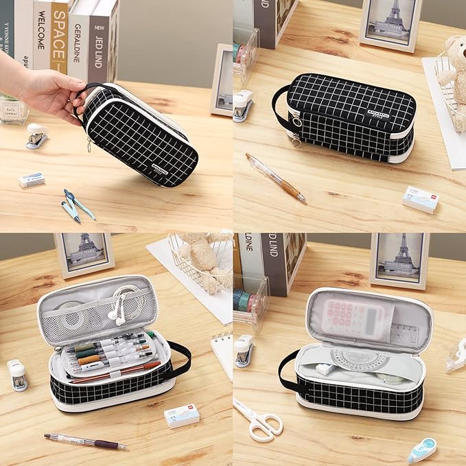 Large Pencil Case Zipper Pencil Pouch for Girls Boys Adults Kids Aesthetic Pencil Bag Organizer Big Capacity Pens Bag with Handle Portable for School Office Black-plaid