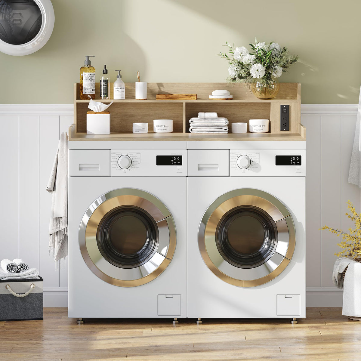 ZYKZYK Upgraded 2-Tier Washer and Dryer Countertop with Power Outlet,54" W x 27.6" D Large Laundry Countertop for Fold Clothes, Laundry Topper with Non-Slip Pads & Metal Hooks and Storage Basket