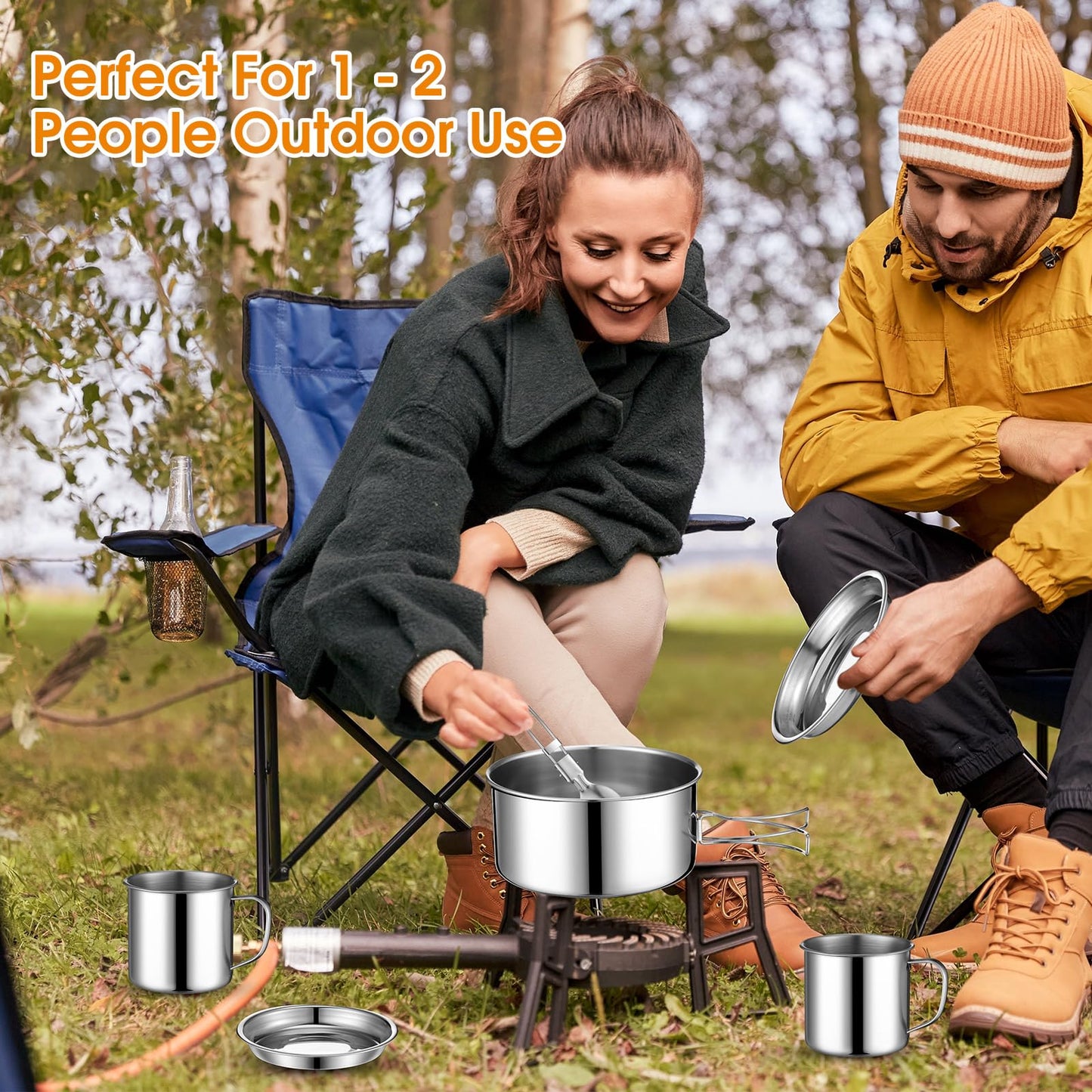 Funnymoom 14 Piece Camp Cooking Set, Stainless Steel Camping Cookware with Pot and Pan Kit 2 Set Stainless Steel Cups Plates Forks Knives Spoons for Camping, Backpacking, Outdoor Cooking and Picnic
