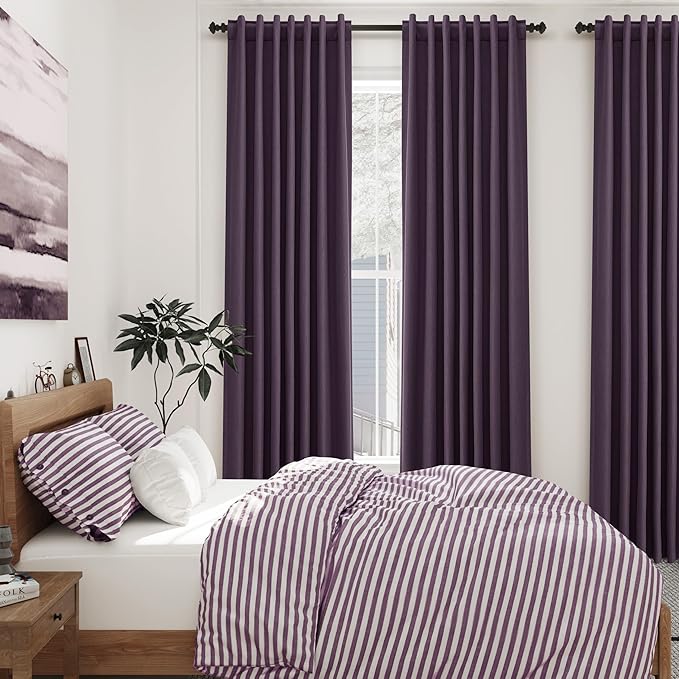 Nanspring Plum Linen Blackout Curtains 90 Inches Long Back Tab Rod Pocket Noise Reducing Sound Absorbing Light Blocking 2 Panels Set for Dining Room Modern Farmhouse Curtains Drapes 52x90
