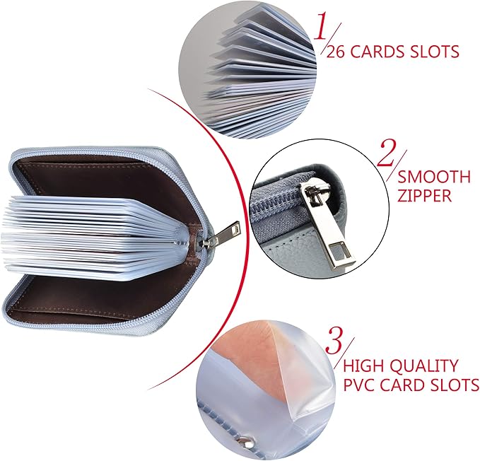Easyoulife Genuine Leather Credit Card Holder Zipper Wallet With 26 Card Slots