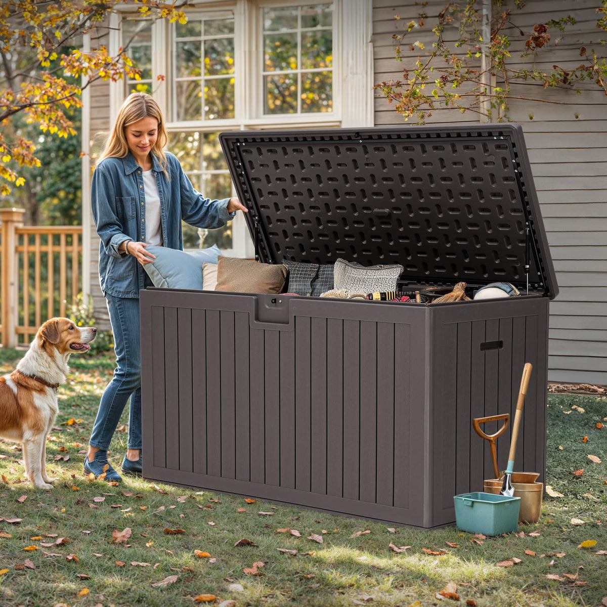 YITAHOME 200 Gallon Double-Wall Deck Box with Divider & Side Handles, Outdoor Large Storage for Patio Furniture Cushions, Garden Pool Accessories, Water Resistant & Lockable