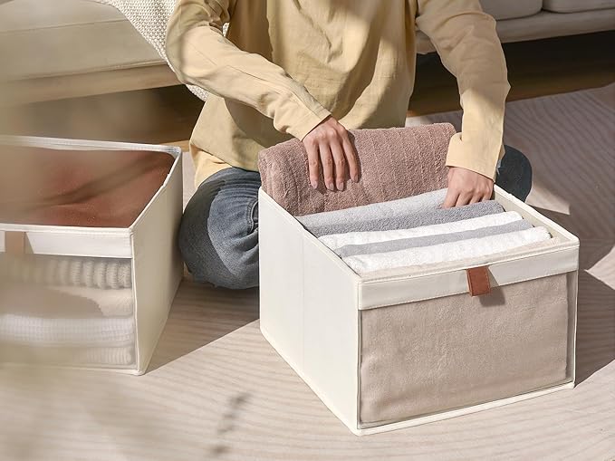 StorageWorks Closet Storage Bins, Extra Large Storage Baskets with Clear Window and Handles, Foldable Fabric Organizer for Clothes, Shelves, Beige, 3 Pack