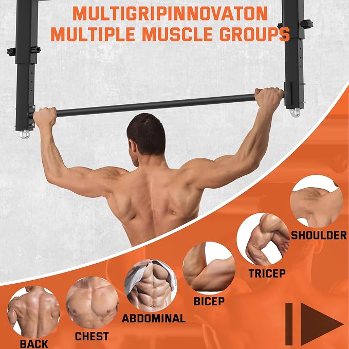 48" Ceiling Mount Pull Up Bar, Heavy Duty Multi-Grip Rafter Chin Up Bar for Garage/Basement/Backyard Ceiling Beam, Adjustable Height&Supports to 650 Lbs