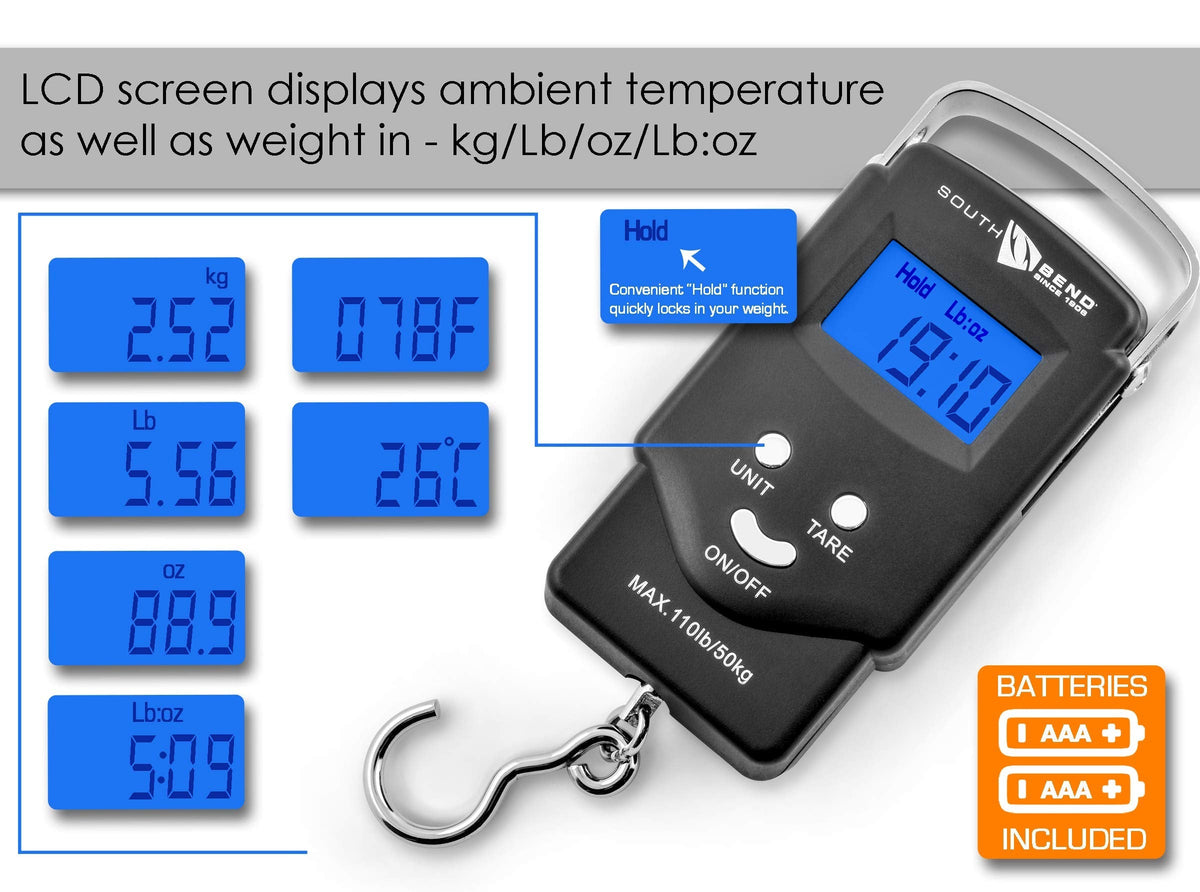 South Bend Digital Hanging Fishing Scale and Tape Measure with Backlit LCD Display, 110lb/50kg Weight Capacity (Batteries Included)