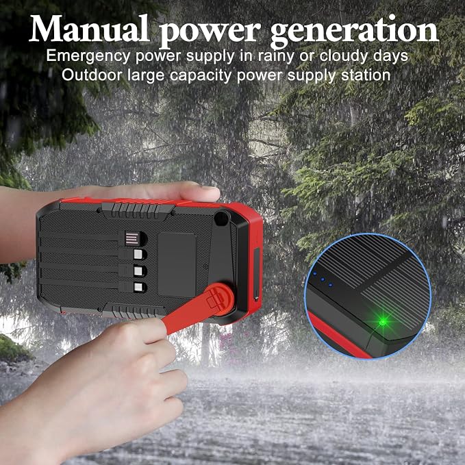 Solar Power Bank 66800mAh Built in Hand Crank and 4 Cables 22.5W Fast Charge,Camping Essentials/SOS/Strobe/Strong Flashlights,Compass Solar Portable Charger Power Bank (Red)