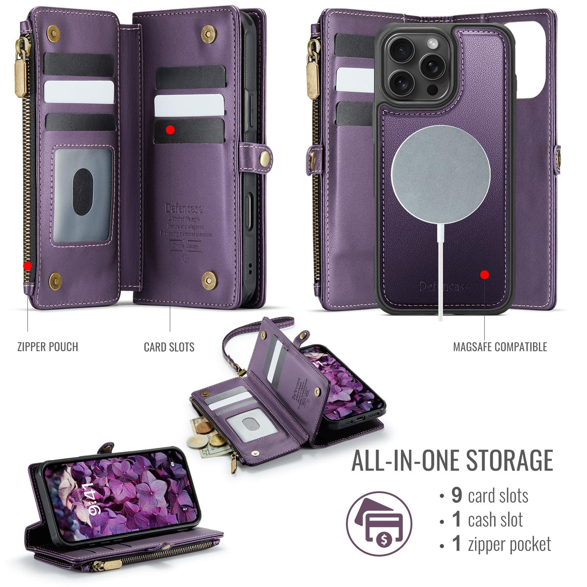 Defencase for iPhone 16 Pro Max Magnetic Wallet Case Compatible with Magsafe with RFID Blocking Zipper Strap Card Holder for Women Men PU Leather Detachable Case for iPhone 16 Pro Max (6.9"), Purple