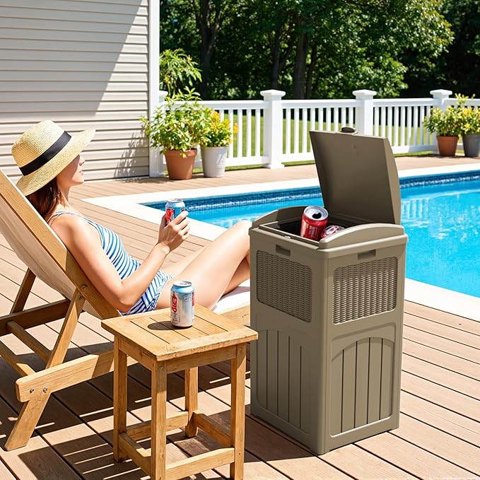 Greesum 33 Gallon Outdoor Trash Can with Lid (2-Pack), Heavy Duty Resin Garbage Bin, Waterproof & UV Resistant for Patio, Garden, Deck, Yard, Light Coffee