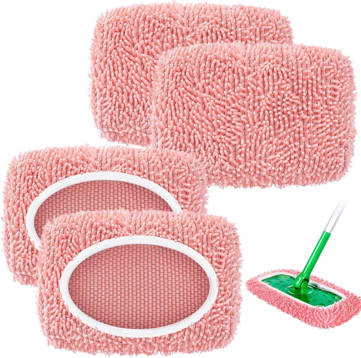 4 Pack Reusable Mop Pads Compatible with Swiffer Sweeper, Microfiber Chenille Washable Swiffer Mop Pads, Dry & Wet Sweeping Mopping Cloths (Pink)