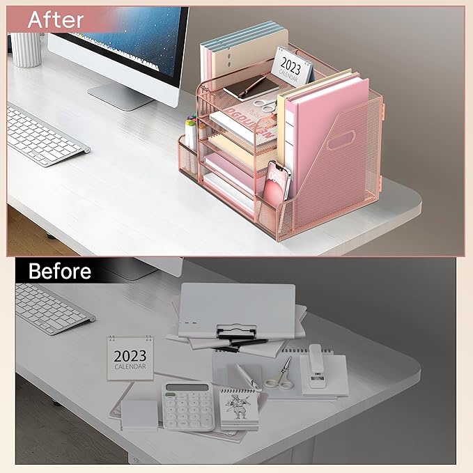 SUPEASY Mesh Desk Organizer with File Holder, 5-Tier Paper Letter Tray Organizer with Magazine Holder, Desktop Organizer and Storage with Drawer for Office Supplies Home or School, Rose Gold