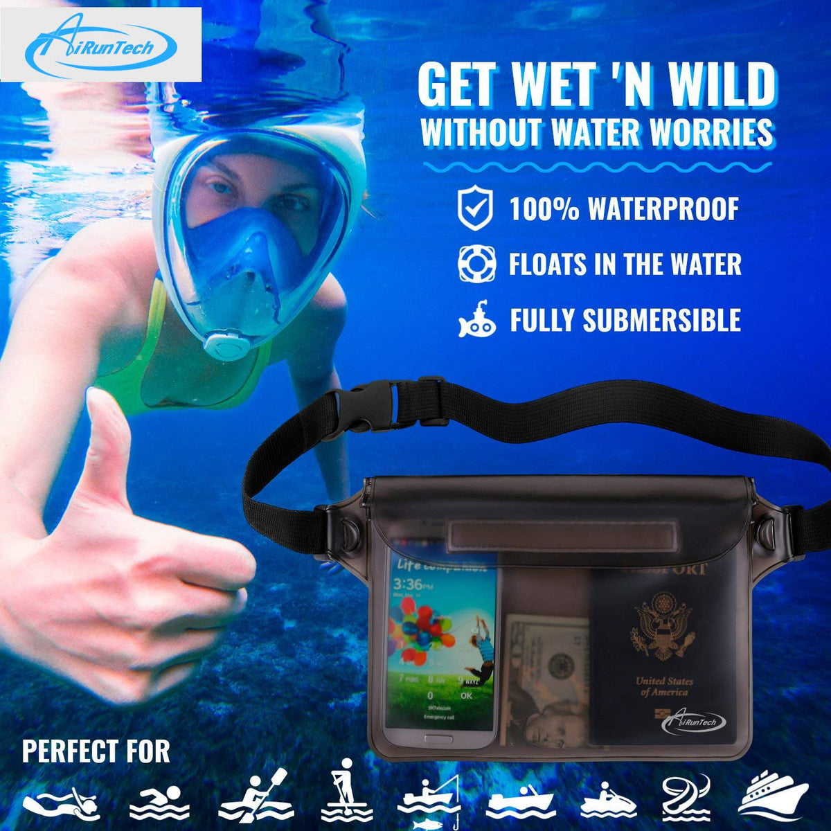 AiRunTech Waterproof Fanny Pack,Waterproof Pouch for Phone Passport Wallet Purse with Waist Strap,Floating Waterproof Bags for Travel Beach Swimming Kayaking Boating Pool Accessories