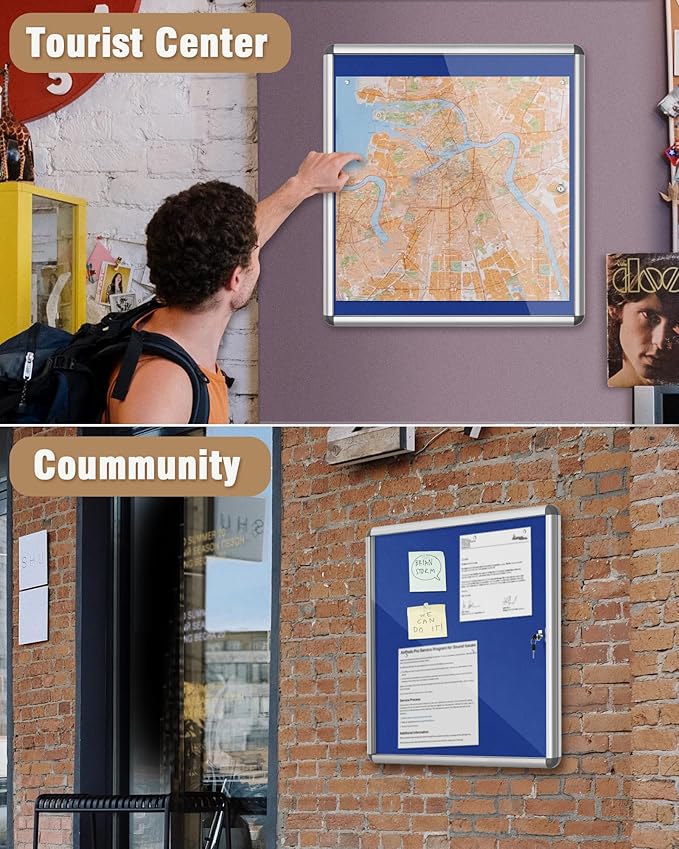 28"x26" Enclosed Bulletin Board, Lockable Weather-Resistant Aluminum Cork Noticeboard for School & Office, Silver Frame w/Blue Flet
