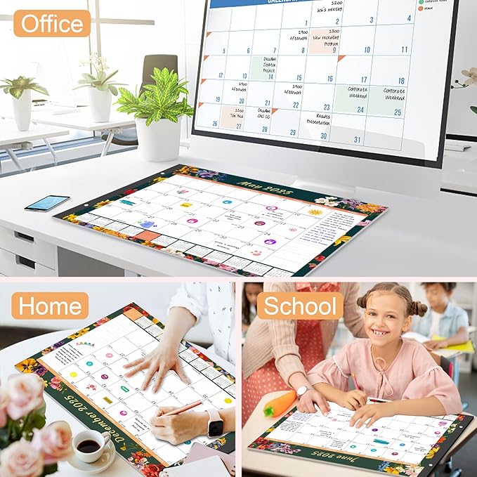 Gannyfer Desk Calendar 2025-2026, Large 22"x17" Desktop Calendars 18 Month Jan 2025 - Jun 2026, Monthly Planner Pad with Plastic Cover -Dark Floral