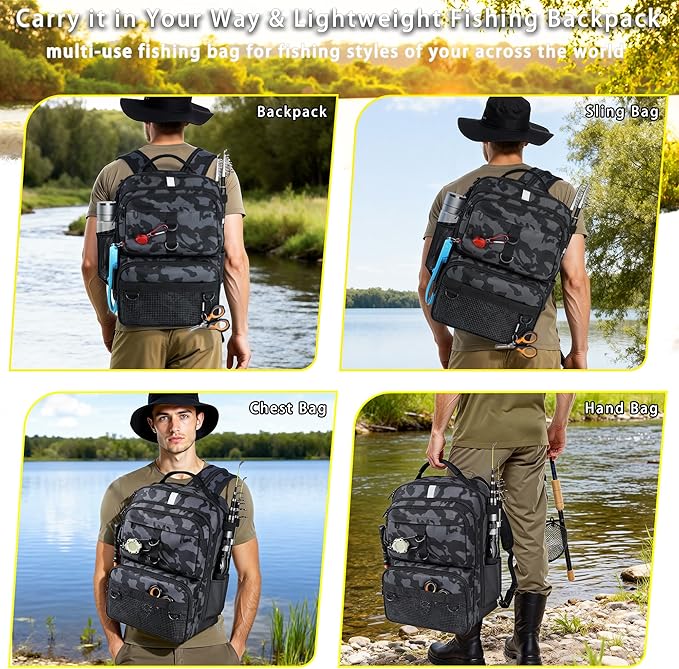 Fishing Backpack with Tackle Boxes and Rod Holder, 24L Fishing Sling Bag with Fishing Lures Kit, Fishing Gear Bag Gifts for Men Women - Camo Black Backpack