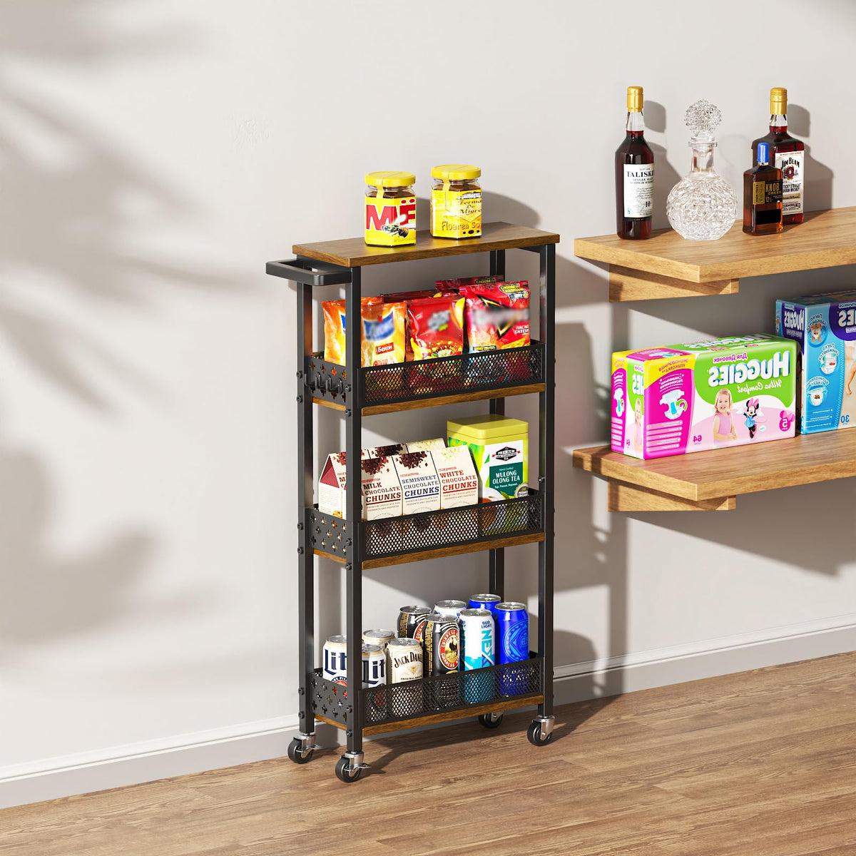 Giwil 4-Tier Slim Rolling Storage Cart for Kitchen Bathroom Organizer, Mobile Narrow Storage Cabinet Utility Cart with Wood Rack on Wheels for Pantry Laundry Small Space