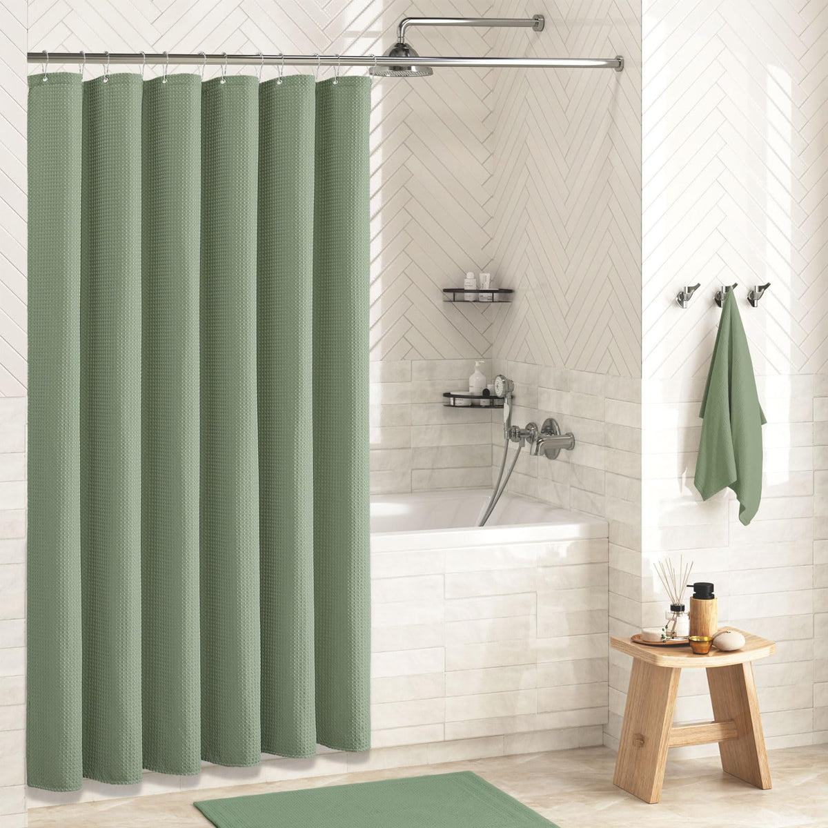 Dynamene Sage Green Shower Curtain - Waffle Textured Heavy Duty Thick Fabric Shower Curtains for Bathroom, 256GSM Luxury Weighted Polyester Cloth Bath Curtain Set with 12 Plastic Hooks,72Wx72H,Green