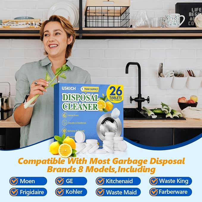 Garbage Disposal Cleaner Deodorizer Tablets 26Pack,XL Powerful Foaming Kitchen Sink Cleaners- Fresh Lemon Scented Disposal Cleaner, Natural Drain Garbage Disposer Cleaning- 1 Year Supply