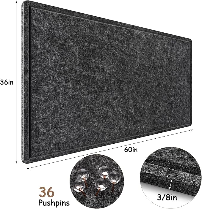 Large Bulletin Board, Foldable 60x36 Inches Cork Board Alternative, Large Felt Board Decorative Pin Board for Wall, Foldable Photo Board Self-Adhesive Vision Board with 36 Pushpins Dark Gray