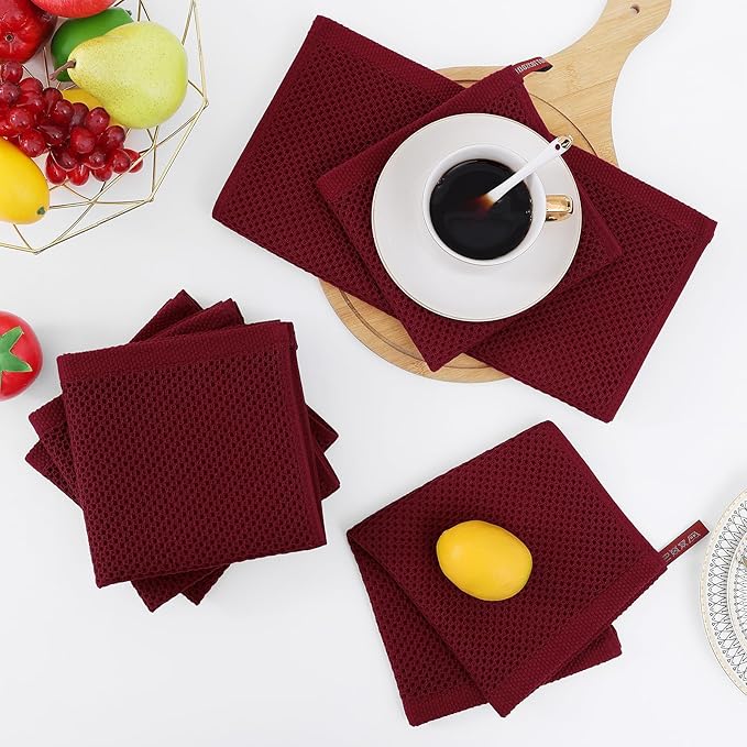 Homaxy 100% Cotton Waffle Weave Kitchen Dish Cloths, Ultra Soft Absorbent Quick Drying Dish Towels, 12 x 12 Inches, 12-Pack, Burgundy