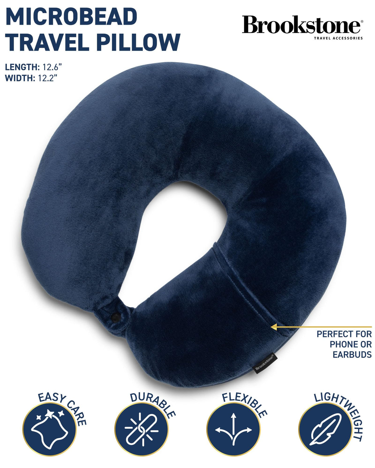 Brookstone Microbead Travel Head and Neck Pillow Lightweight and Plush with Phone or Headphone Pocket, Blue