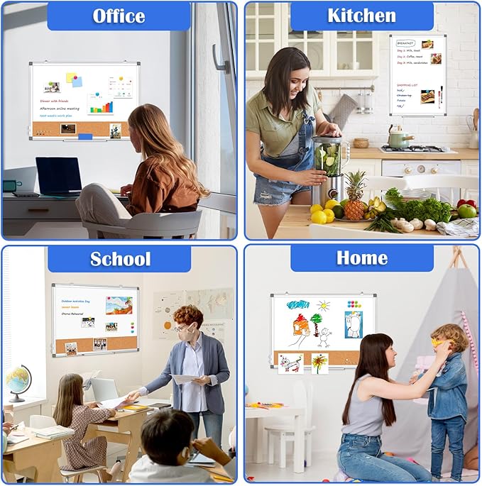 Double-Sided Whiteboard Cork Board Combo for Wall, WALGLASS 24" x 18" Dry Erase White Board Corkboard Combination, Hanging Wall Mount Bulletin Board with Aluminum Frame for Office, Home, School