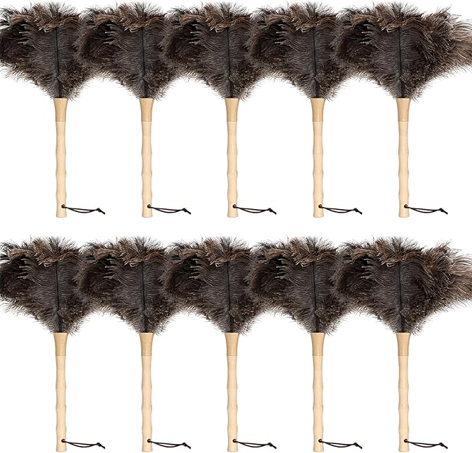 16inch Ostrich Feather Duster Fluffy Natural Genuine Ostrich Feathers with Wooden Handle and Eco-Friendly Reusable Handheld Feather Duster for Cleaning Supplies(10PCS)