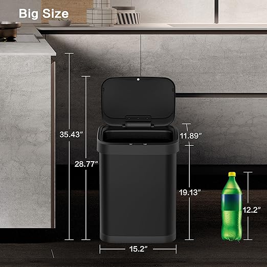 10.5 Gallon Stainless Steel Touchless Sensor Trash Can with, Wide Rectangular Design, Brushed Finish – Automatic Lid for Home, Office, Kitchen, Bathroom, and Commercial Use (Black)