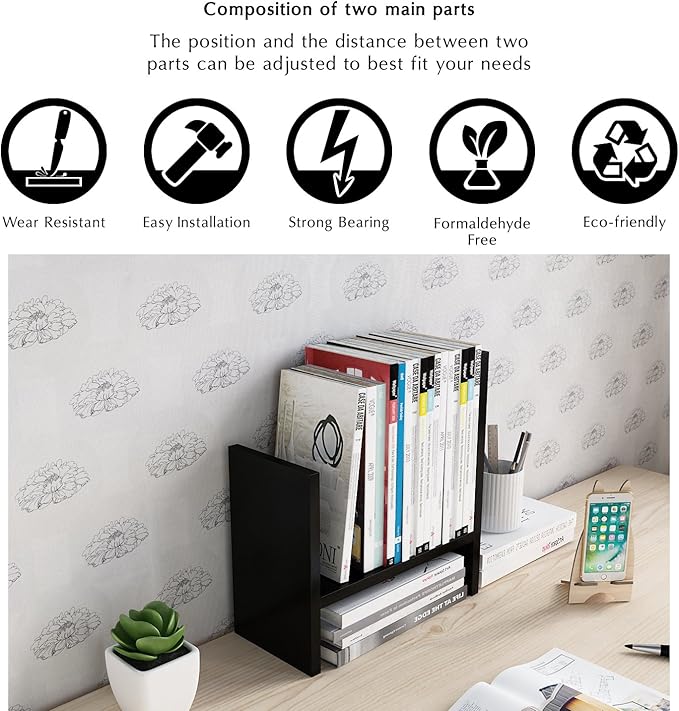 Jerry & Maggie Desktop Organizer Office Storage Rack Adjustable Wood Display Shelf Free Style Double H, Multi-Functional Mini Bookshelf for Desk Natural Stand (Black)