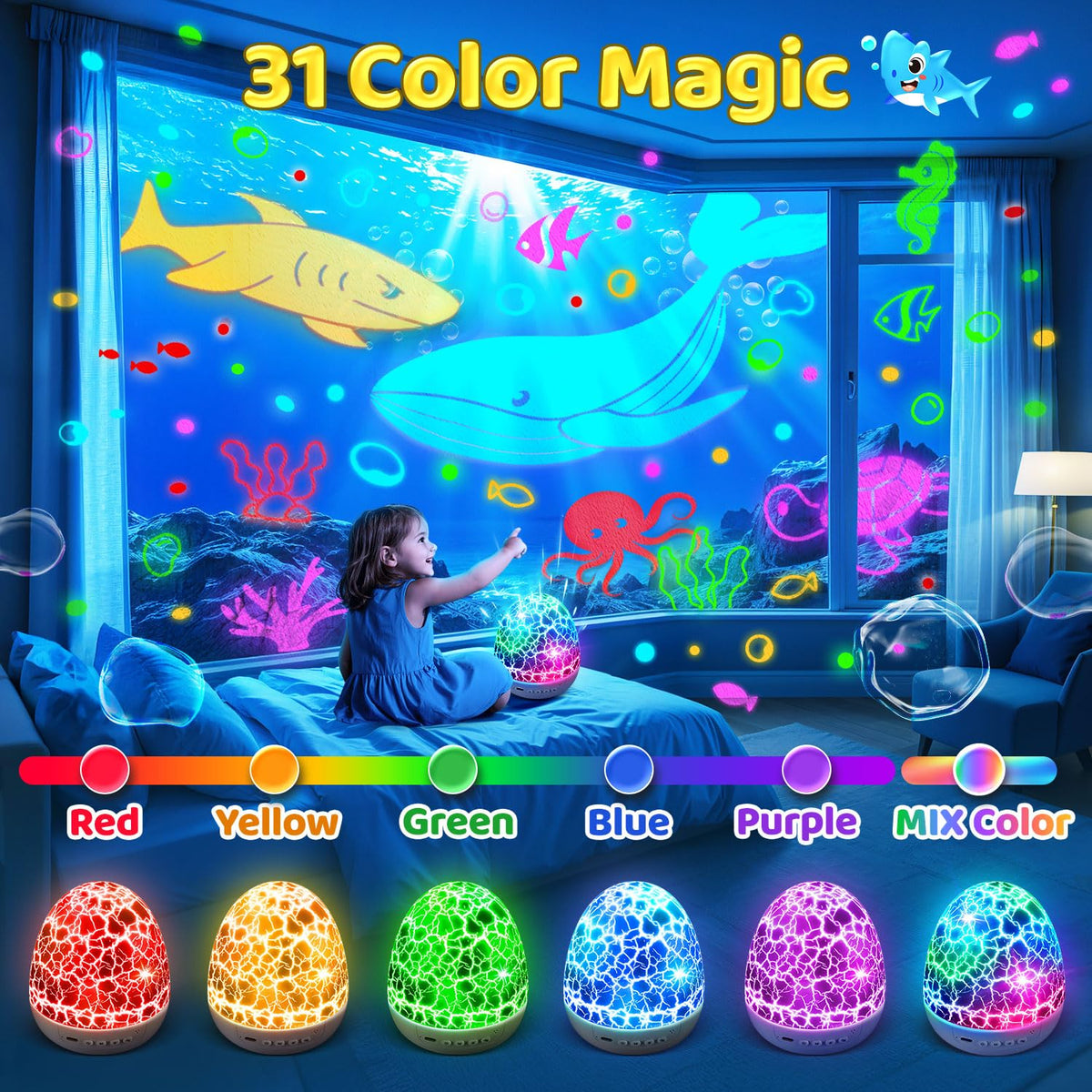 Baby Sound Machine Night Light Projector | 15 Sleeping Sounds & 3D Films | 31Colors & Remote Control | Toddler Night Light for Kids, Baby White Noise Machine, Sound Machine baby, Egg Light for Nursery