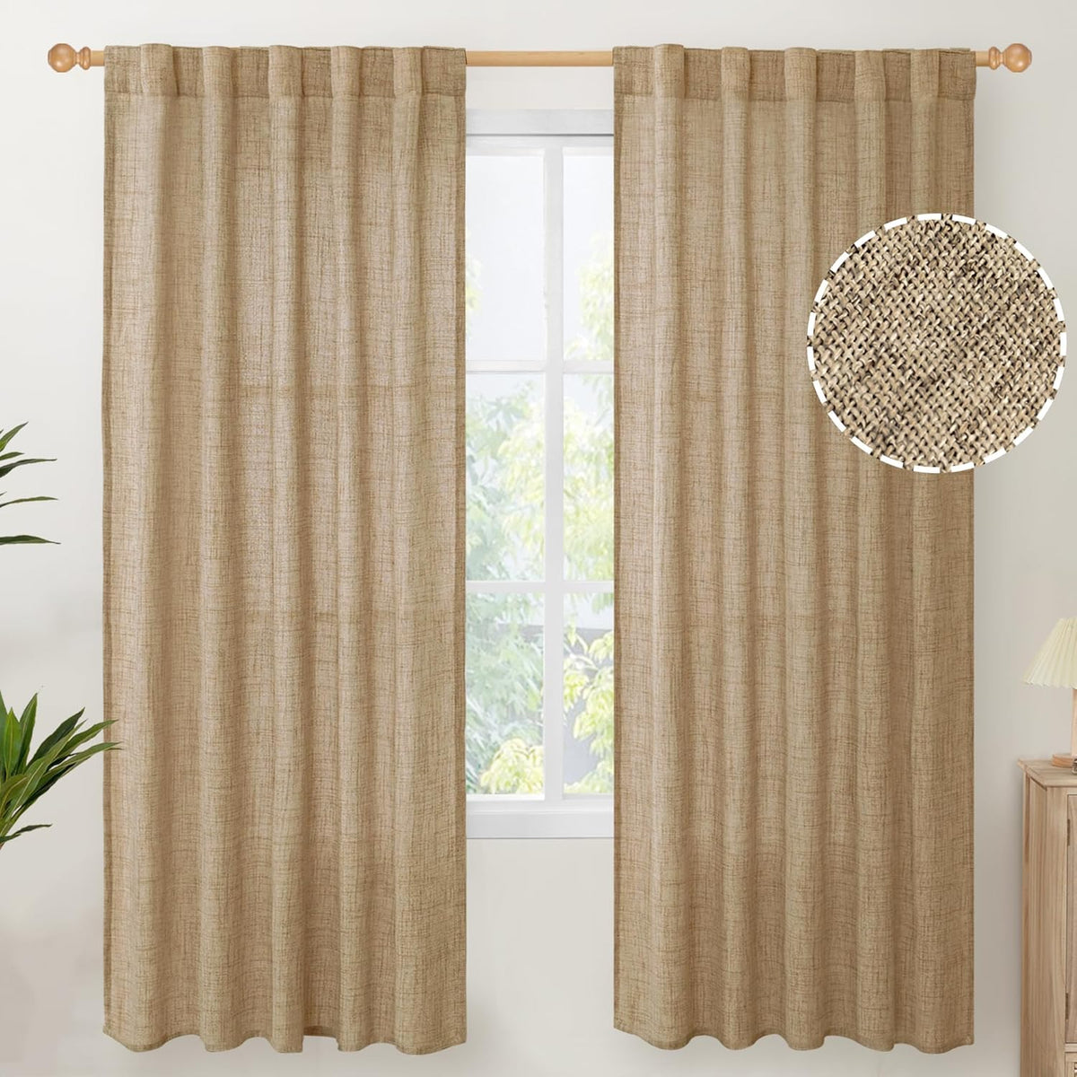 YoungsTex Toffee Linen Curtains 72 Inch Length for Living Room, Burlap Semi Sheer Drapes Light Filtering Tan Window Treatments for Farmhouse Bedroom Rod Pocket Back Tab, 42 X 72 Inch, 2 Panels