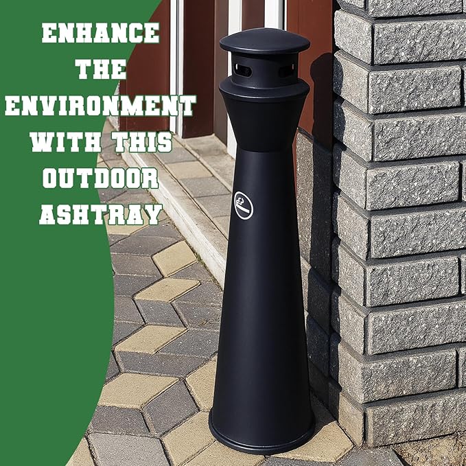 Steel Ash Receptacle Outdoor Trash Can with Lid, 43" Height, Black, Standing Ash Bin with Removable Inner Bucket Vertical Trash Container for Outside Home Backyard Patio Office Hotel