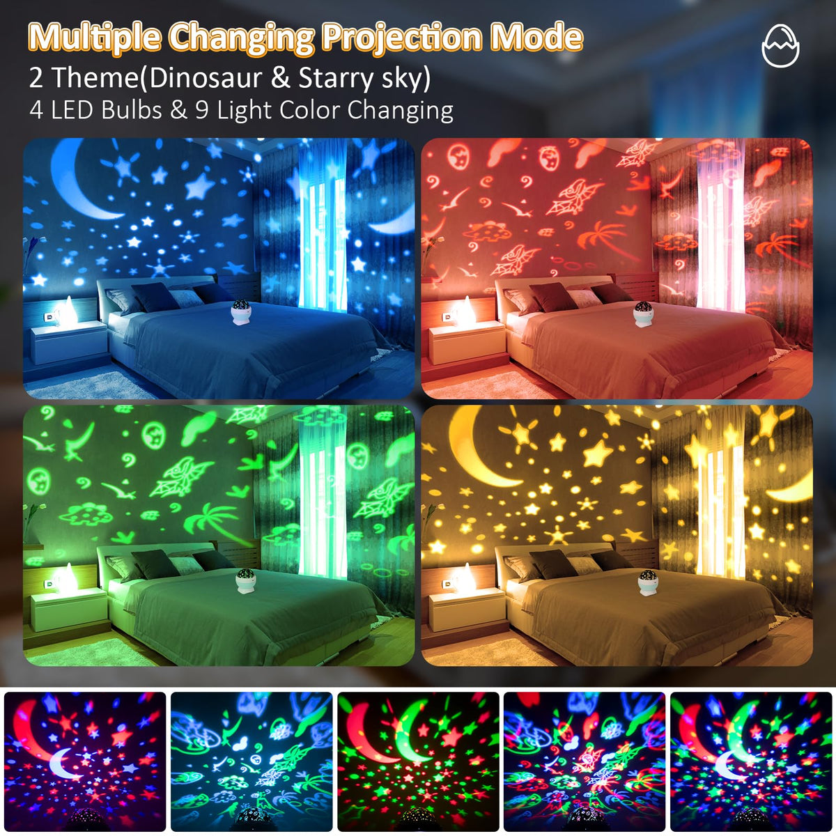 artidoo Night Light for Kids - Star Projector for Bedroom with 2 Theme(Dinosaur & Starry Sky - Night Lamp,4 LED Bulbs 9 Light Color Changing with USB Cable - Dinosaur Egg Design,Unique Gift- Blue.
