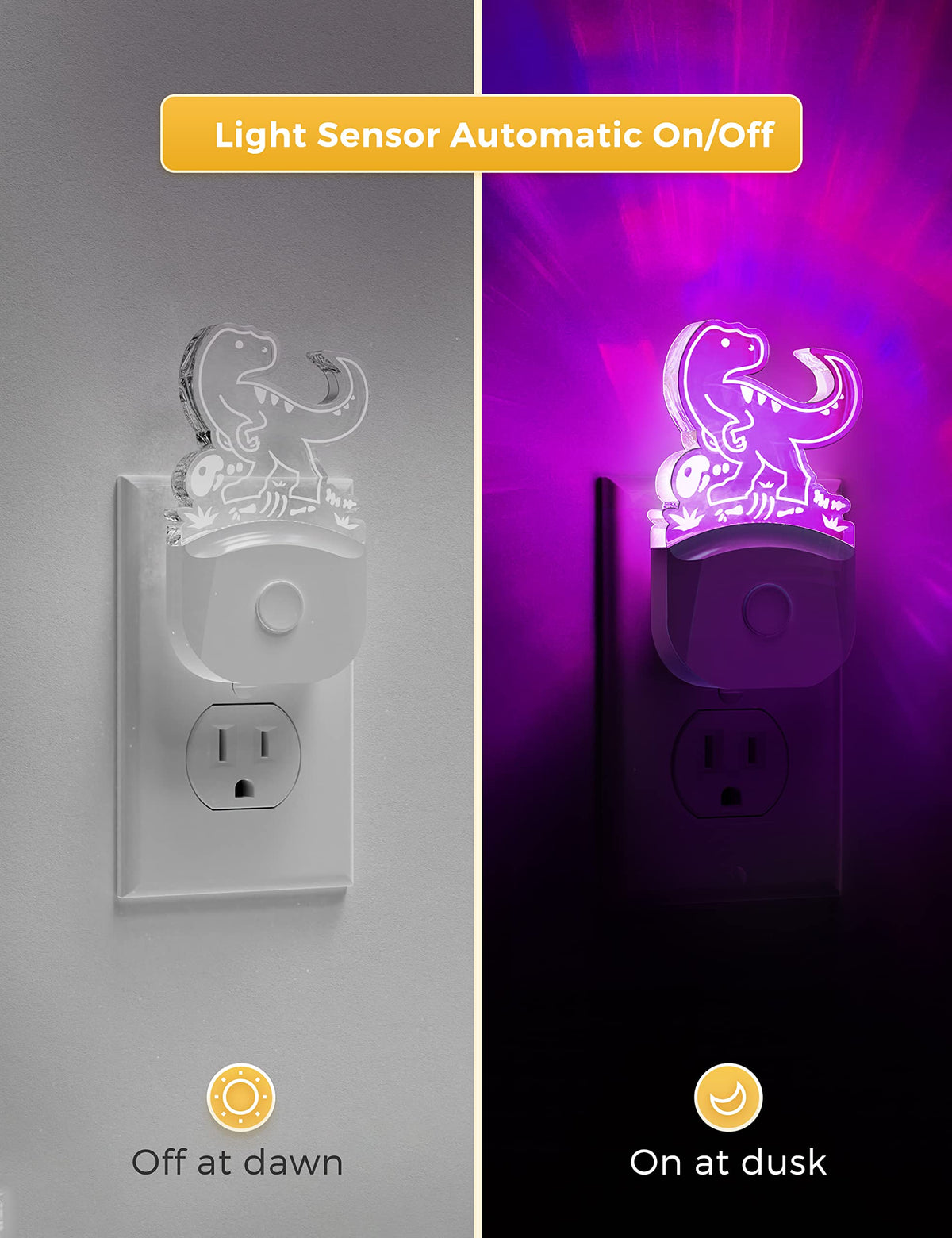 LOHAS Dinosaur Night Light for Boys, Kids Nightlight Plug in, Dusk-to-Dawn, Velociraptor LED Night Lights Plug into Wall, RGB+Soft White 3000K, 3 Lighting Modes, Ideal for Nursery Room, Bedroom Decor
