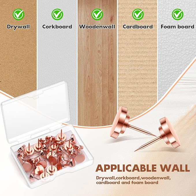 30 Pieces Rose Gold Thumb Tacks, Rose Gold Push Pins, Metal Push Pins for Wall, Wall Tacks, Wall Pins, Push Pins for Bulletin Board, Picture Hanging Nails, Picture Hanging Hooks