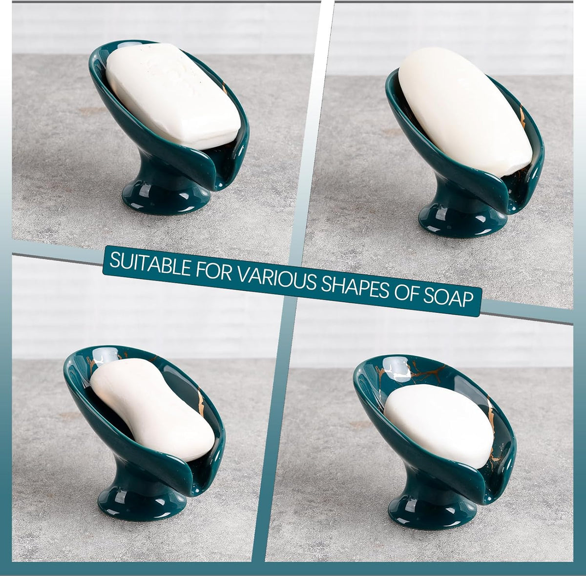 Soap Dish, Ceramic Soap Holder Self Draining Leaf Shape Bar Soap Holder, Marble Look Green Drain Soap Dish Holder for Bathroom, Easy to Clean Keeps Soap Dry, ANTIS'S HOME