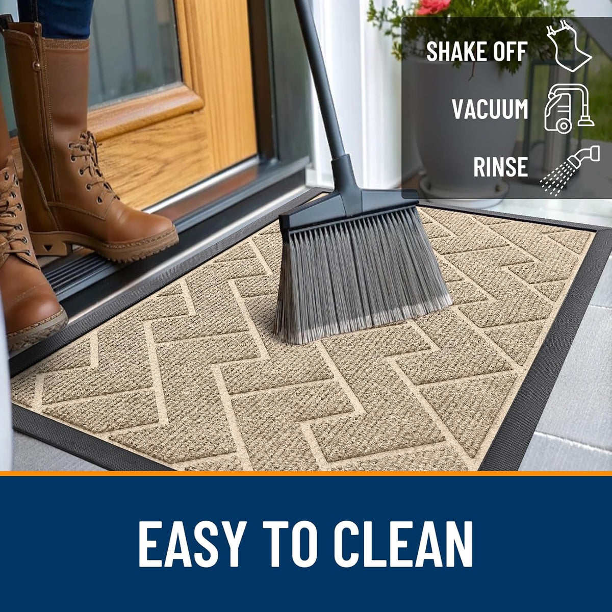 OLANLY Front Door Mat Indoor Outdoor Entrance, Waterproof All-Season, All-Weather Doormat, Sturdy Natural Rubber, Low Profile, Easy Clean Patio Porch Entryway Mat, Herringbone Brick (Beige, 29.5x17)