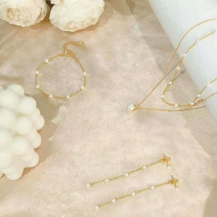 Zeffy Gold Pearl Necklace for Women, Dainty 14K Gold/Silve Plated Layered Pearl Choker Pearl Earrings Pearl Bracelets Wedding Trendy Gold Jewelry Set for Women Gifts