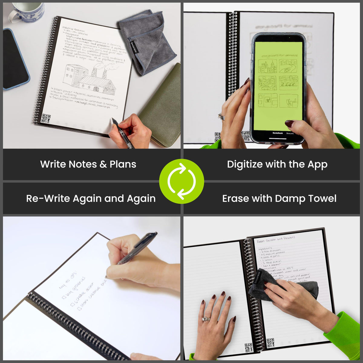 Rocketbook Core Reusable Spiral Notebook, Letter Size 8.5x11, Black - Lined Pages, App-Connected, Erasable, Durable Cover, Ideal for School, Work, and Creative Projects