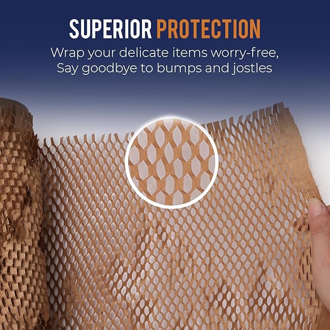 Honeycomb Packing Paper 15" x 400ft with Rope & 20 Fragile Stickers|Shipping & Moving Supplies|Small Business Packaging Supplies|Eco Friendly Bubble Wrap Packing Boxes for Moving Certified FSC C204227