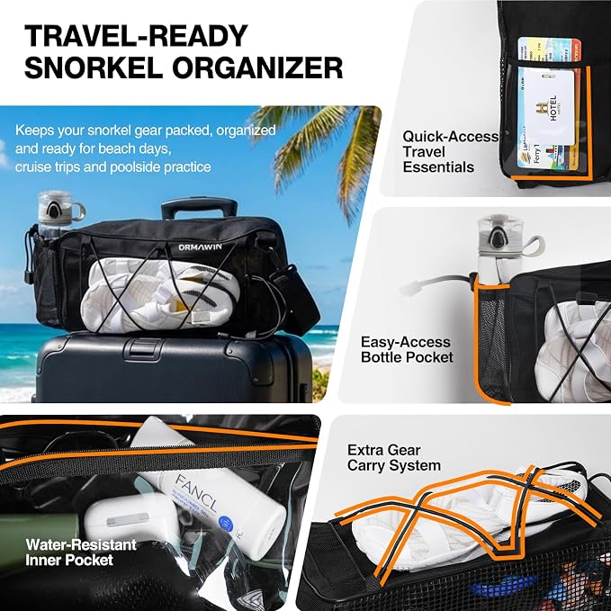DRMAWIN Snorkeling Gear for Adults & Kids, Dry-Top Snorkel Set with 180ยฐ Tempered Glass Mask, Anti-Fog Anti-Leak, Travel Mesh Gear Bag