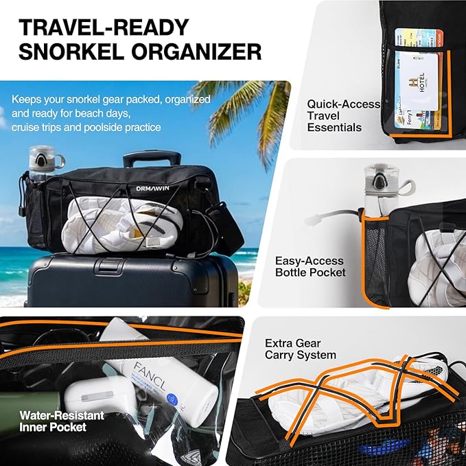 DRMAWIN Snorkeling Gear for Adults & Kids, Dry-Top Snorkel Set with 180ยฐ Tempered Glass Mask, Anti-Fog Anti-Leak, Travel Mesh Gear Bag
