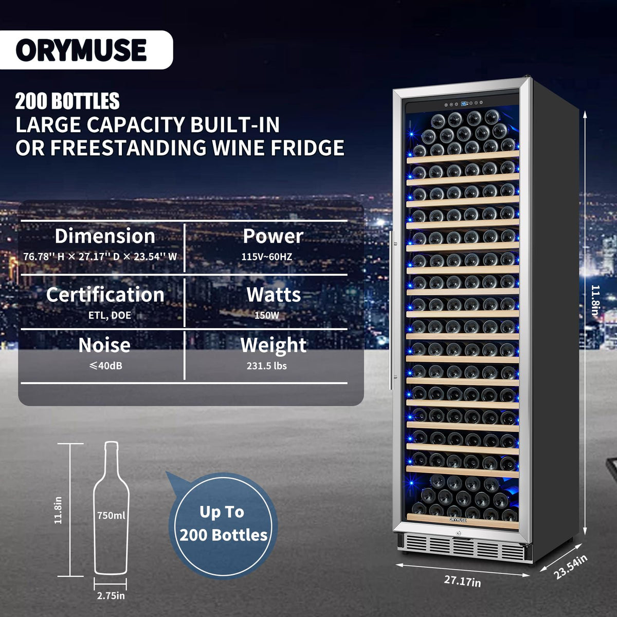 ORYMUSE Large 200 Bottle Wine Fridge - 24 Inch Wine Cooler Refrigerator, Freestanding and Built-in Design, Upgraded Compressor Cooling, Intelligent Temperature Memory