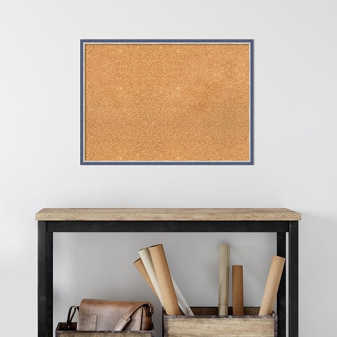 Amanti Art Natural Cork Board for Wall, 21x29 Vision Board with Blue Wood Frame, Medium Corkboard Office Decor for Home Organization, Modern Contemporary Corkboard Pinboard to display items for home