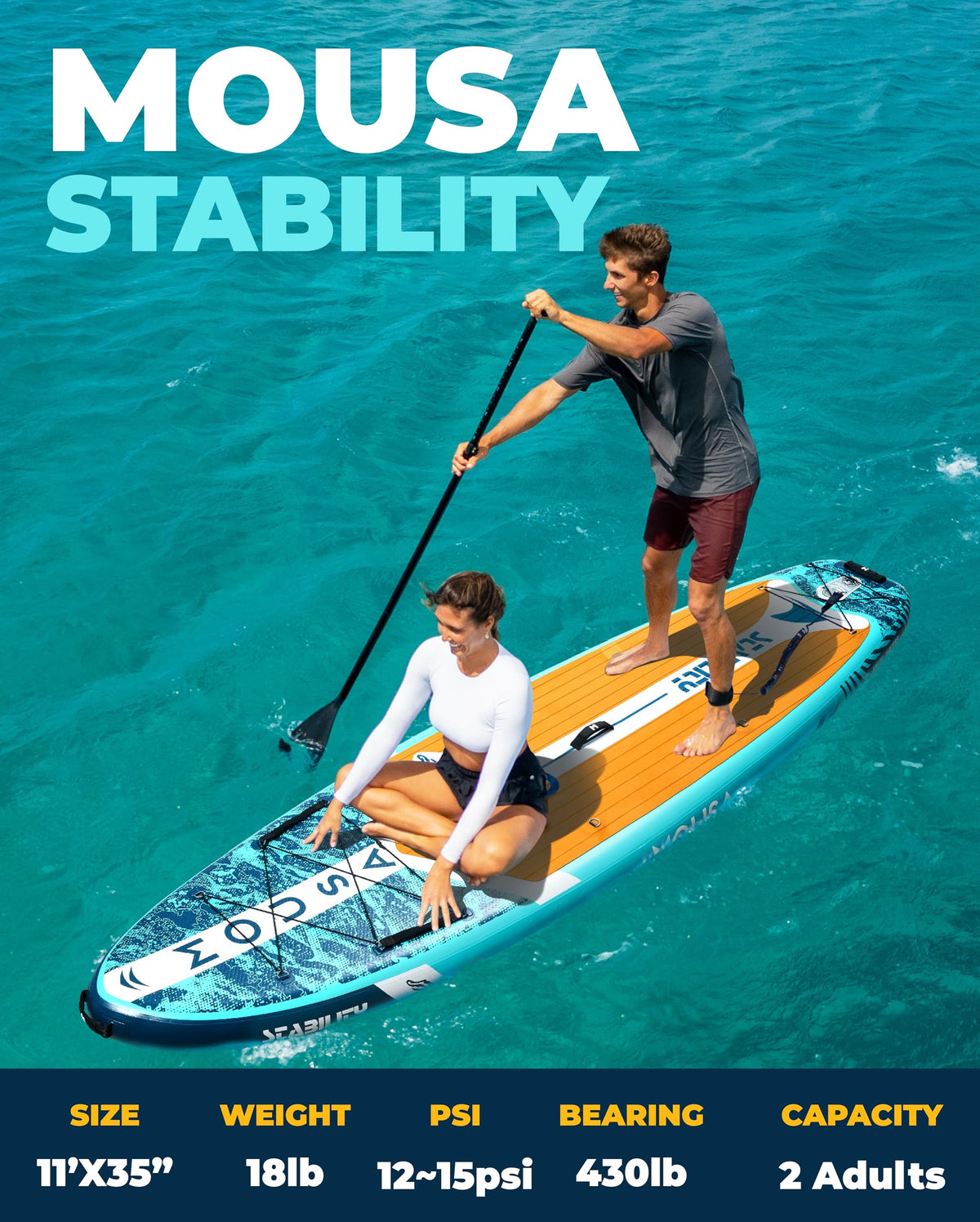 MOUSA 10β8/11'Γ35" Extra Wide Inflatable Stand Up Paddle Board, Stable Paddleboard SUP for 2 People/Family, Anti-Slip Full EVA Deck, 3 Handles, 100L Backpack, All-Round Sup Board, Big Fin