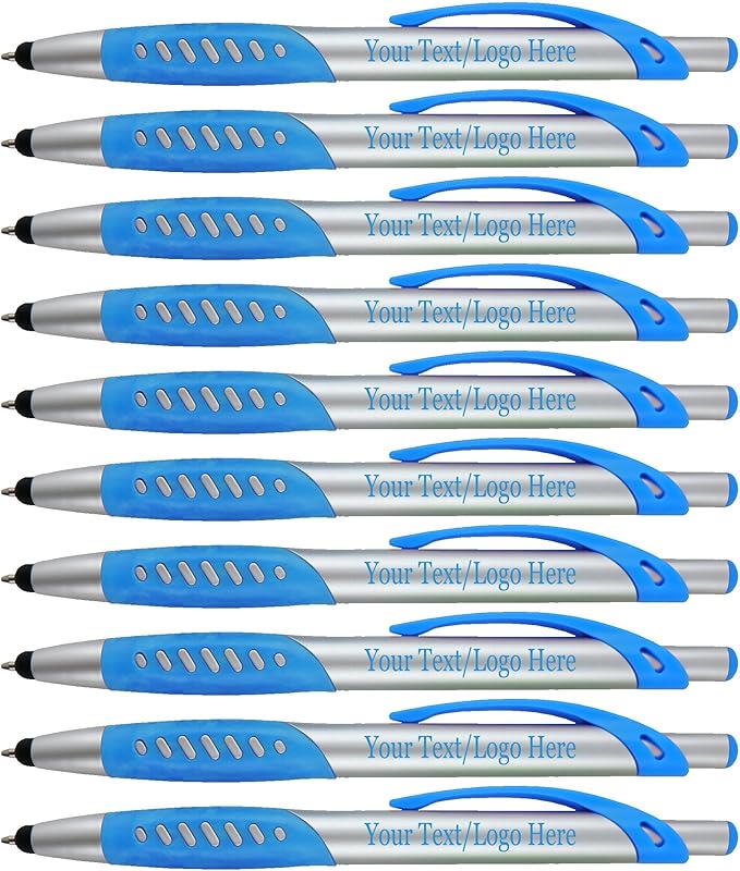 Personalized Pens With Custom Logo or Text-300 Pack Bulk-for Businesses, Parties, and Events, 2 in 1 Ballpoint Pen & Capacitive Stylus for Touchscreen Devices, Click Action, Black Ink, Light Blue