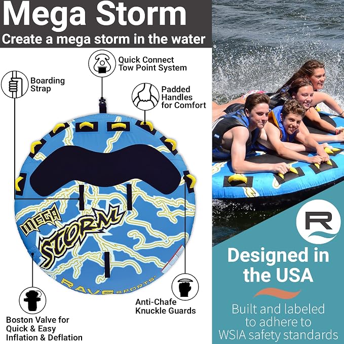 Rave Sports Mega Storm Boat Towable Tube - Inflatable Boating Tube for 1-4 Riders - Heavy-Duty Inflatable Tube for Boats to Pull - Water Sports Towable with Quick Connector Tow Point
